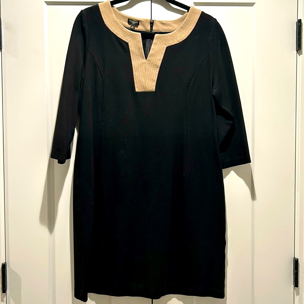 Talbots Dress Size 12 Petite Women’s Shift 3/4 Sleeve Notched Neckline Black